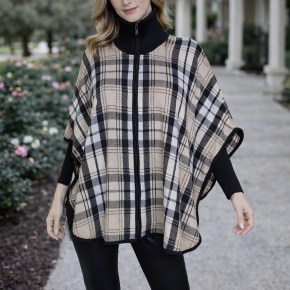 Jones New York Jackets & Blazers - Jones New York Plaid Wool Blend Zip Up Cape/Poncho